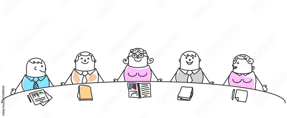 Hand drawn Cartoon business meeting. Group of men and women sitting in conference room at a big table. Women in leadership role. Hand drawn Cartoon business meeting. Group of men and women sitting in conference room at a big table. Women in leadership role.