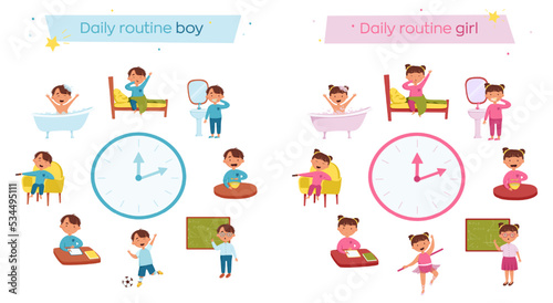 A cute boy and girl daily routine. Children in different situations vector illustration. Kids wakes up and brushing teeth, studying at school, homework, evening bath. Schedule. Day time. Isolated on
