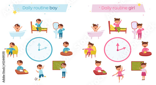 A cute boy and girl daily routine. Children in different situations vector illustration. Kids wakes up and brushing teeth, studying at school, homework, evening bath. Schedule. Day time. Isolated on