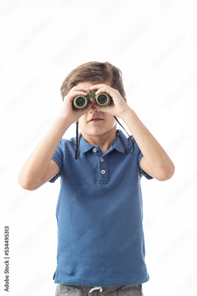 Child with binoculars on white background. Child with binoculars on white background.