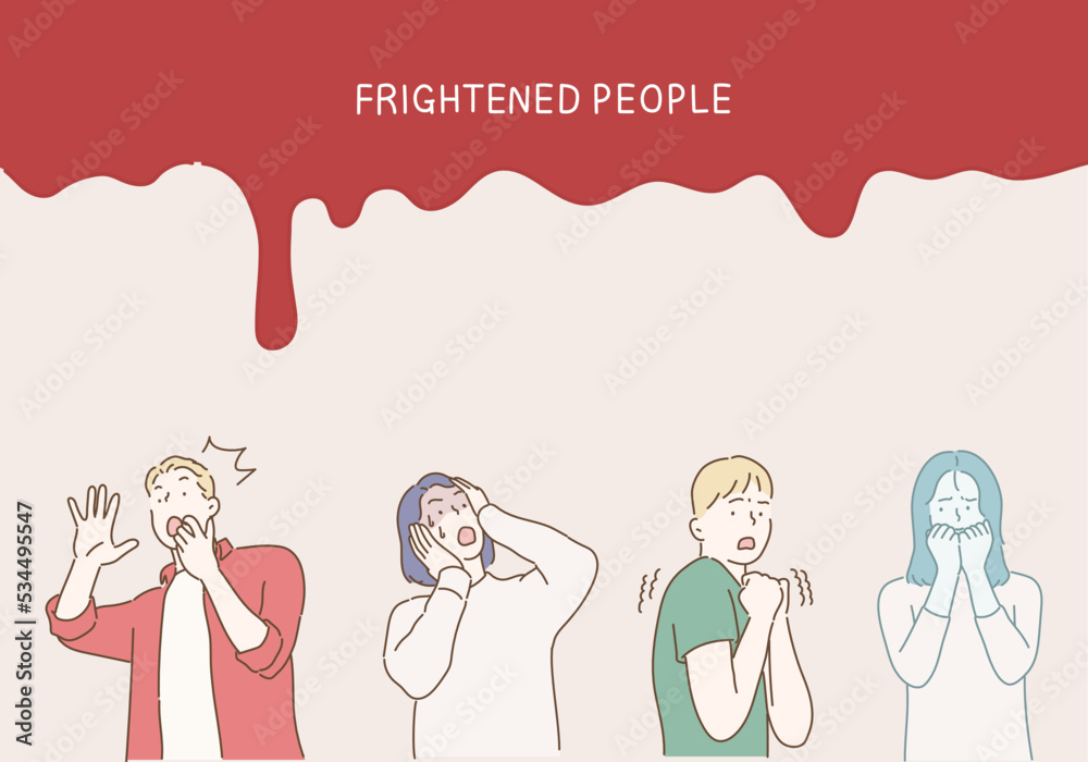 Colored and isolated fear person icon set with men and women are afraid of something and red headline frightened people. Hand drawn style vector design illustrations.