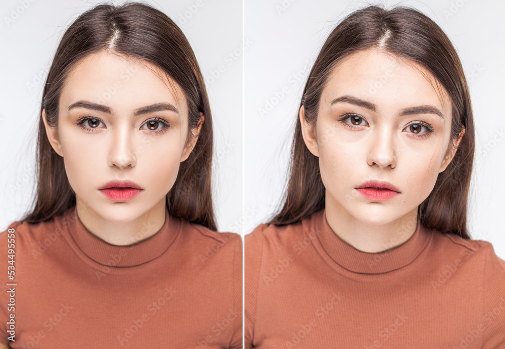 Collage before and after retouching. Close up portrait of a young