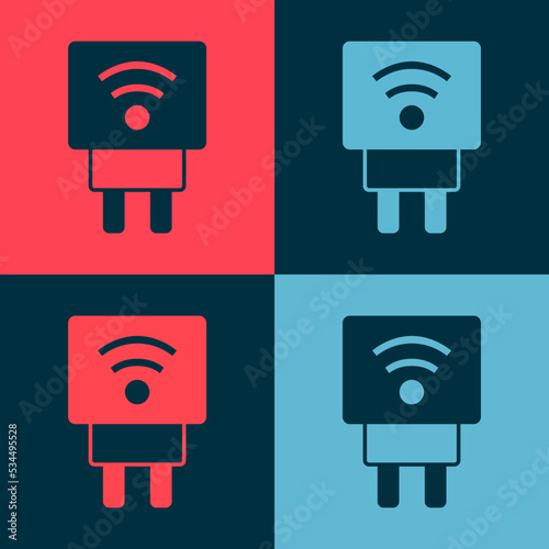 Pop art Smart electric plug system icon isolated on color background. Internet of things concept with wireless connection. Vector