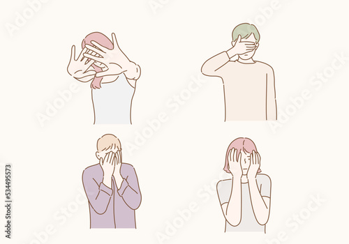 Worried or embarrassed people covering face with hands. Hand drawn style vector design illustrations.