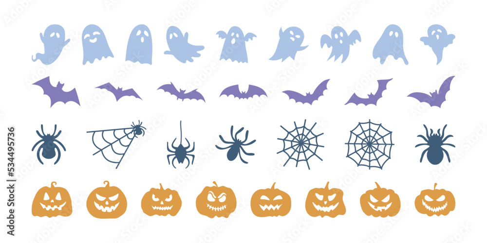 Obraz premium Set of Halloween silhouettes icon and character. Collection of pastel colored silhouettes of Halloween isolated on white background. Vector illustrations - pumpkins, ghosts, bats and spiders, cobwebs.