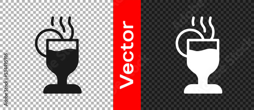 Black Mulled wine with glass of drink and ingredients icon isolated on transparent background. Cinnamon stick, clove, lemon slice. Vector