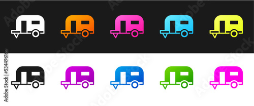 Set Rv Camping trailer icon isolated on black and white background. Travel mobile home, caravan, home camper for travel. Vector