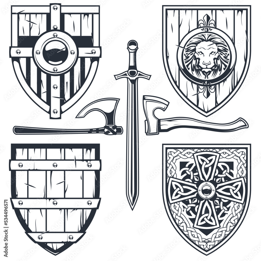 Round shields icons set stock vector. Illustration of knight - 51488523