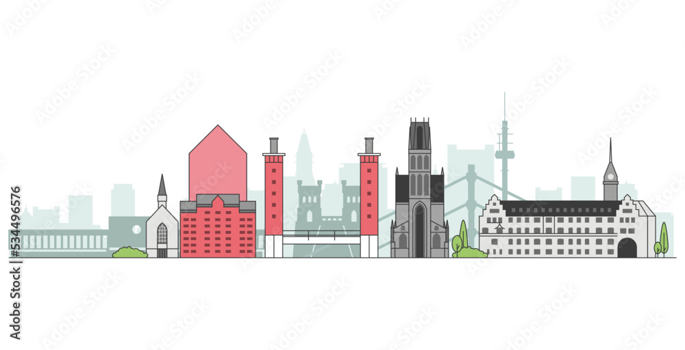 Panorama of Duisburg, cityscape of city of duisborg with landmarks, vector