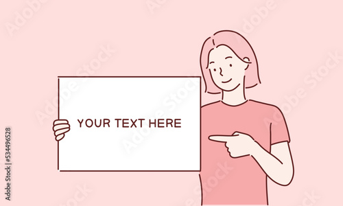 Happy young girl holding/showing/displaying white blank board/banner/poster.Hand drawn style vector design illustrations.