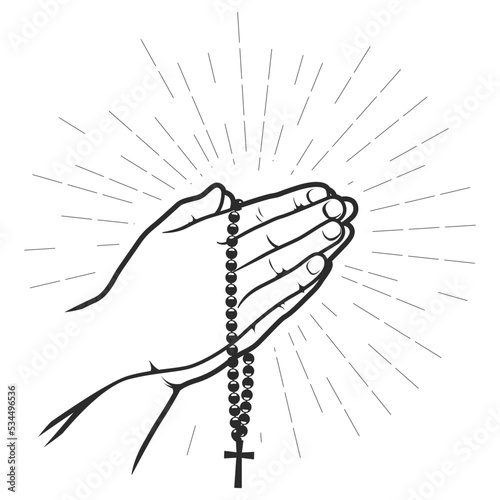 Hand palms folded in prayer with crucifix on beads, faith and hope concept, vector