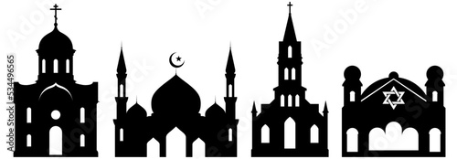 Photo Religious buildings, church, mosque and synagogue, silhouette of cathedral, vect