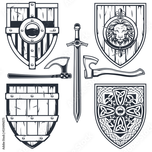 Set of medieval shields with celtic pattern and ornaments, knight armor, chivalry shields, vector