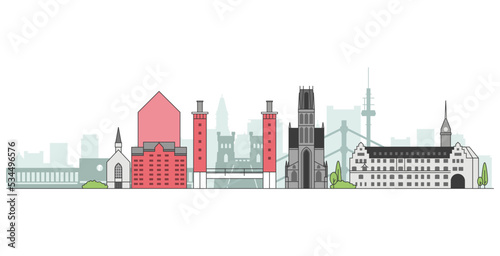 Panorama of Duisburg, cityscape of city of duisborg with landmarks, vector
