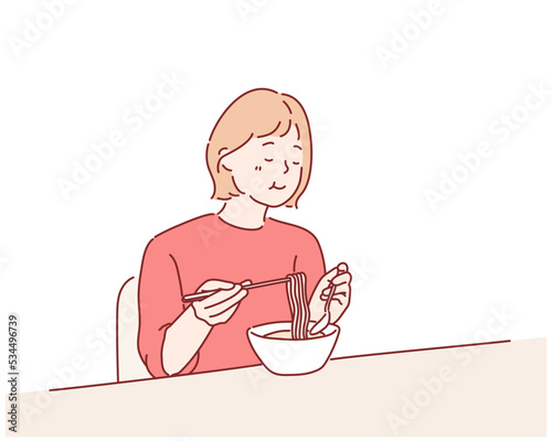 Girl enjoying her ramen noodle with spoon and chopstick. Hand drawn style vector design illustrations.