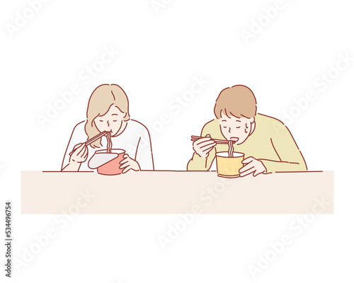 People eat noodle/ramen instant with chopstick. Hand drawn style vector design illustrations.