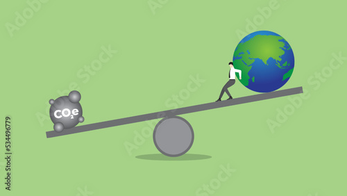 Fototapeta Naklejka Na Ścianę i Meble -  ESG and green business policy concept of net zero emission, carbon footprint, carbon dioxide equivalent, global greenhouse gas, save the world. Balance of earth and pollution on seesaw beam.