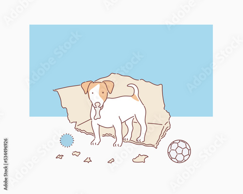 Naughty dog left home alone, sitting in the middle of mess on the floor. Disobedient dog with bad behavior. Hand drawn style vector design illustrations.