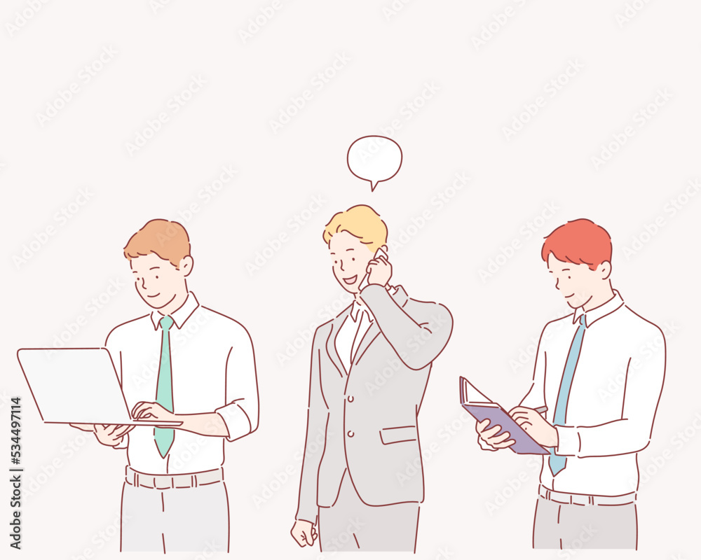 Set of businessman characters working . Hand drawn style vector design illustrations. Set of businessman characters working . Hand drawn style vector design illustrations.