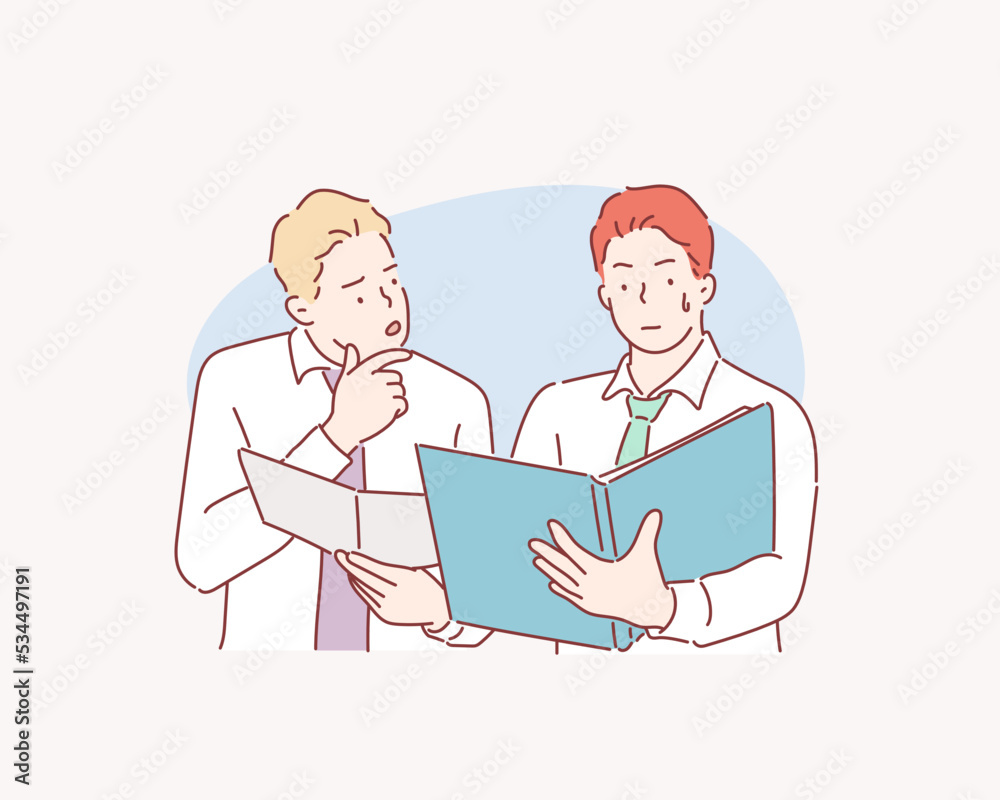 Colleagues discussing documents and ideas at office. Hand drawn style vector design illustrations. Colleagues discussing documents and ideas at office. Hand drawn style vector design illustrations.