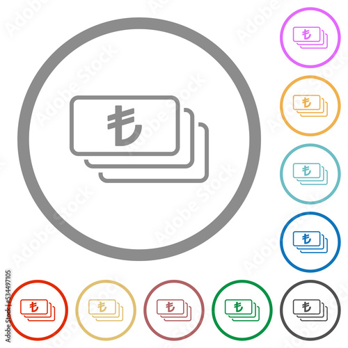 Turkish Lira banknotes outline flat icons with outlines