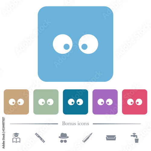 Watching eyes solid flat icons on color rounded square backgrounds