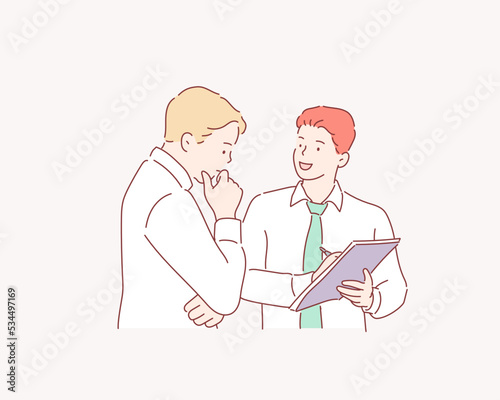 Colleagues discussing documents and ideas at office. Hand drawn style vector design illustrations.