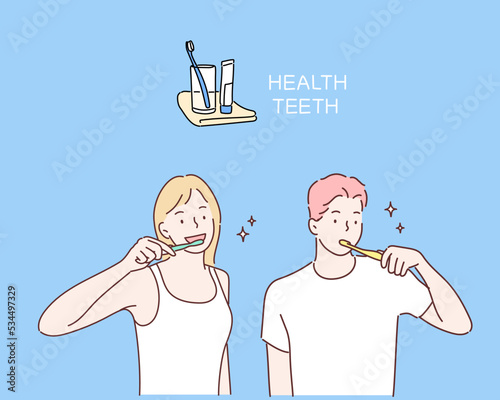 Couple brushing teeth together. Hand drawn style vector design illustrations.