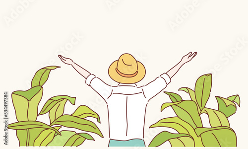 Farmer looking to sunrise into horizon with some straw hat ahead. Concept of rural simple life. Hand drawn style vector design illustrations.