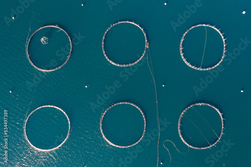 top-down view of aquaculture fish farm cages and nets in deep blue water