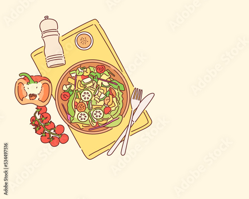 Fresh salad with tomatoes, mixed greens, paprika, cucumber, avocado. Healthy food.Hand drawn style vector design illustrations.