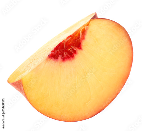 Slice of ripe peach isolated on white
