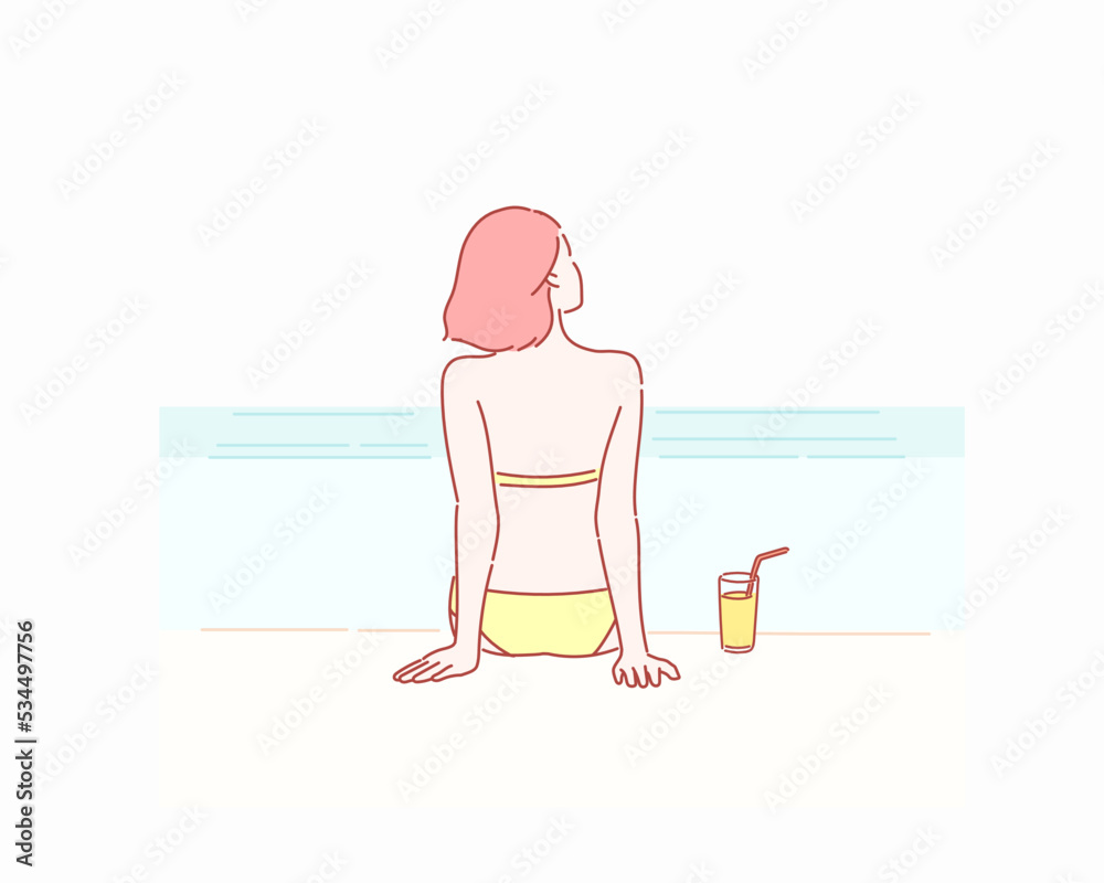 Beach holidays woman enjoying summer sun sitting in sand looking happy at copy space. Hand drawn style vector design illustrations. Beach holidays woman enjoying summer sun sitting in sand looking happy at copy space. Hand drawn style vector design illustrations.