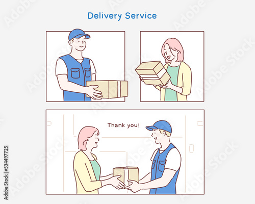 Woman hand accepting a delivery of boxes from deliveryman. Hand drawn style vector design illustrations.