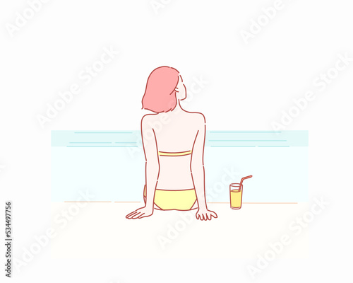 Beach holidays woman enjoying summer sun sitting in sand looking happy at copy space. Hand drawn style vector design illustrations.