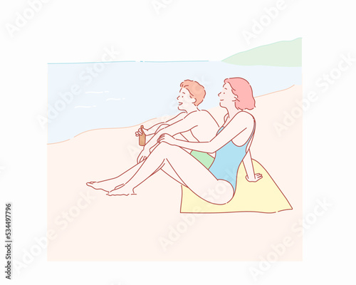 Young couple sitting together on a sand by sea and looking to a horizon. Hand drawn style vector design illustrations.