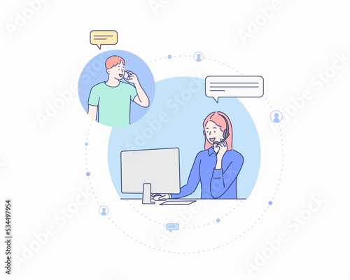 Customer service using laptop with speech bubble to communication. Hand drawn style vector design illustrations.