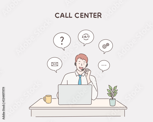 Customer service using laptop with speech bubble to communication. Hand drawn style vector design illustrations.