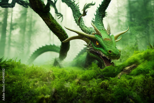 3 d render. Forest green magical dragon on the background of the enchanted forest