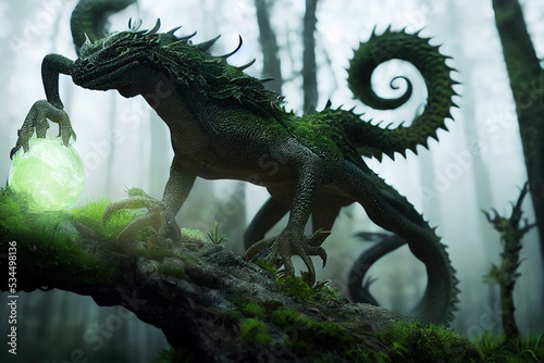 3 d render. Forest green magical dragon on the background of the enchanted forest