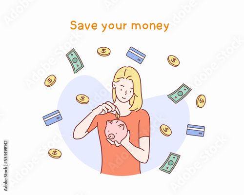 Happy woman putting coin into piggy bank. Hand drawn style vector design illustrations.