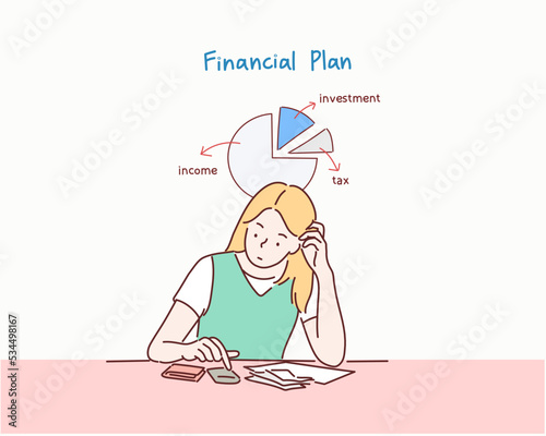 Woman counting the money at home. Hand drawn style vector design illustrations.