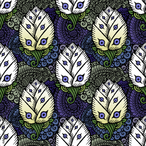 Seamless pattern with hand drawn tulip and paisley element. Tribal ethnic seamless pattern. Ethnic ornamental background. Vector illustration.