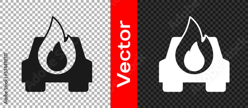 Black Burning car icon isolated on transparent background. Car on fire. Broken auto covered with fire and smoke. Vector