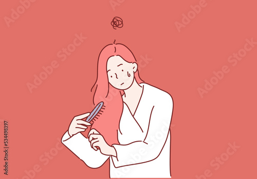 Woman combing with brush pulls long hair. Daily preparation for looking nice, Long Disheveled Hair, Holding Messy Unbrushed Dry Hair In Hands. Hair Damage. Hand drawn style vector design illustrations