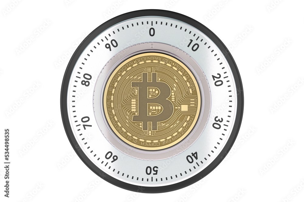 Safe lock with bitcoin. Bitcoin cryptocurrency security and protection concept. 3D rendering Safe lock with bitcoin. Bitcoin cryptocurrency security and protection concept. 3D rendering