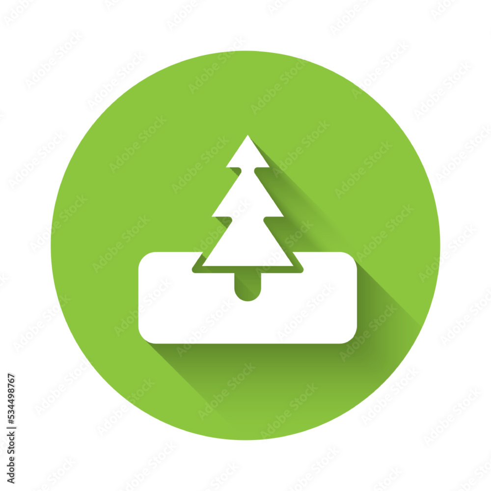 White Tree icon isolated with long shadow background. Forest symbol. Green circle button. Vector White Tree icon isolated with long shadow background. Forest symbol. Green circle button. Vector