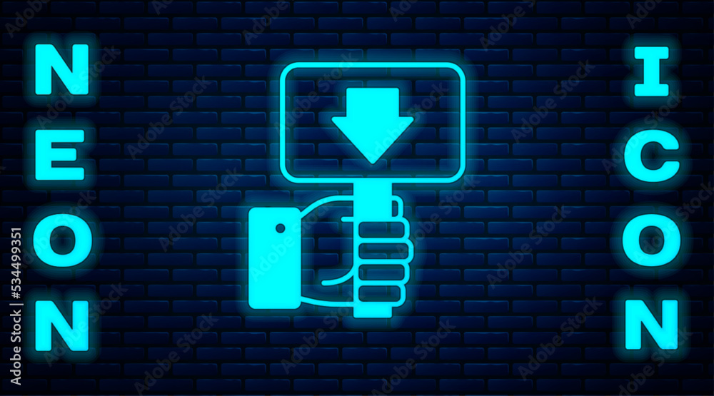Glowing neon Hand holding auction paddle icon isolated on brick wall background. Bidding concept. Auction competition. Hands rising signs with BID inscriptions. Vector Glowing neon Hand holding auction paddle icon isolated on brick wall background. Bidding concept. Auction competition. Hands rising signs with BID inscriptions. Vector