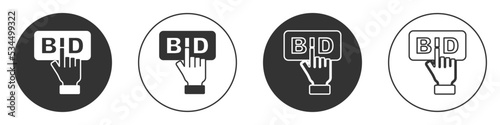 Black Bid icon isolated on white background. Auction bidding. Sale and buyers. Circle button. Vector