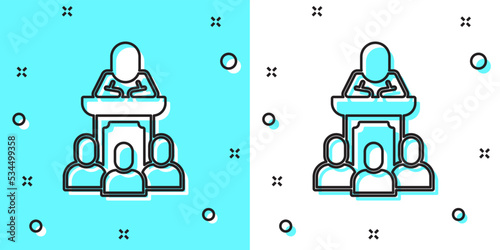 Black line Auction auctioneer sells icon isolated on green and white background. Auction business, bid and sale. Random dynamic shapes. Vector